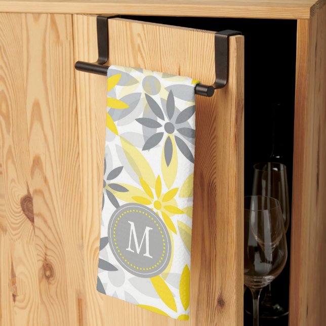 Yellow Grey Flower Graphic Monogram Kitchen Towel (Thirds Fold)