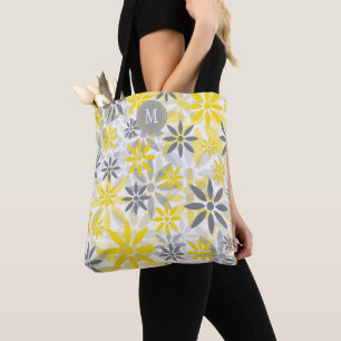 Yellow Grey Flower Graphic Monogram Tote Bag