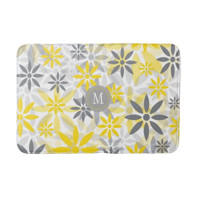 Yellow Grey Flower Graphic Pattern Bath Mat (Front)
