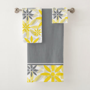 Yellow Grey Flower Graphic Pattern Bath Towel Set