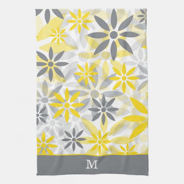 Yellow Grey Flower Pattern Monogram Kitchen Towel (Vertical)