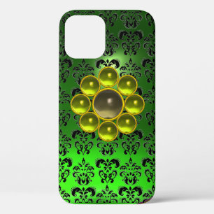 YELLOW GREY GEMSTONE MON Green Black Damask iPhone 12 Case