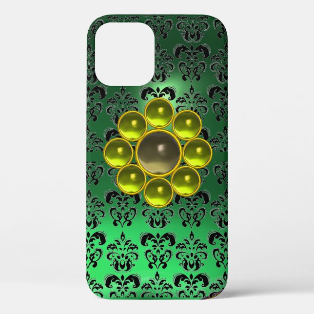 YELLOW GREY GEMSTONE MON Jade Green Black Damask Case-Mate iPhone Case (Back)