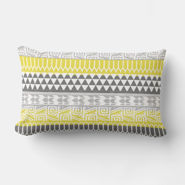 Yellow Grey Geometric Aztec Tribal Print Pattern Lumbar Pillow (Front)