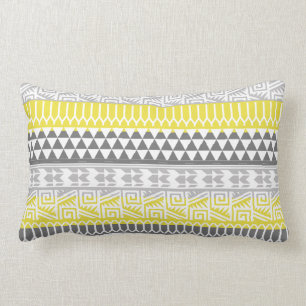 Yellow Grey Geometric Aztec Tribal Print Pattern Lumbar Pillow