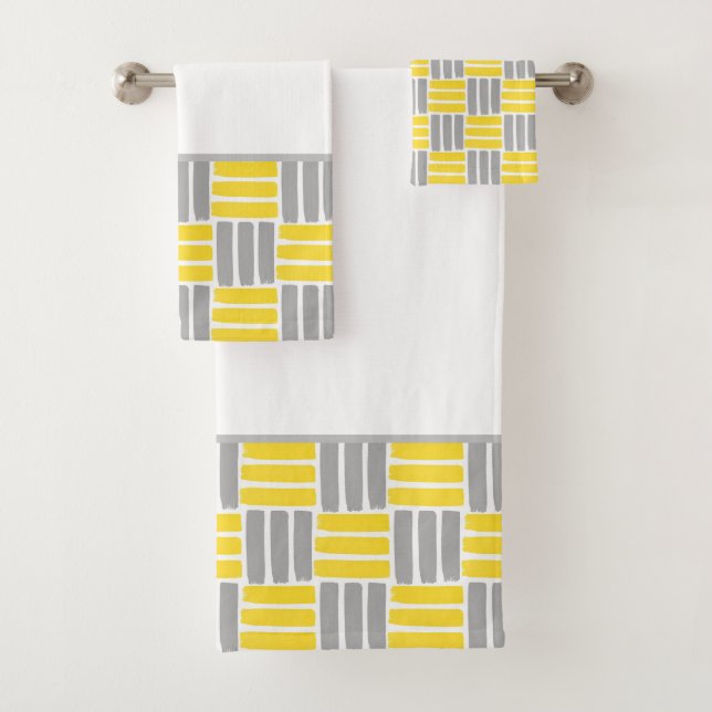 Yellow Grey Geometric Brushstrokes Pattern Bath Towel Set (Insitu)