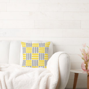 Yellow Grey Geometric Brushstrokes Pattern Throw Pillow