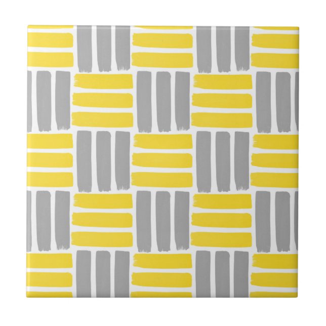 Yellow Grey Geometric Brushstrokes Pattern Tile (Front)
