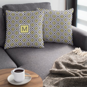 Yellow Grey Geometric Pattern Monogram Throw Pillow