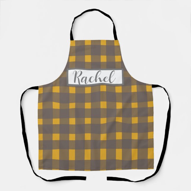 Yellow  Grey Gingham Personalized  Apron (Front)