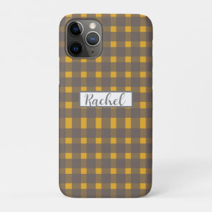 Yellow  Grey Gingham Personalized  iPhone 11 Pro Case