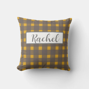 Yellow  Grey Gingham Personalized  Throw Pillow