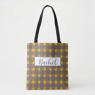 Yellow  Grey Gingham Personalized Tote Bag