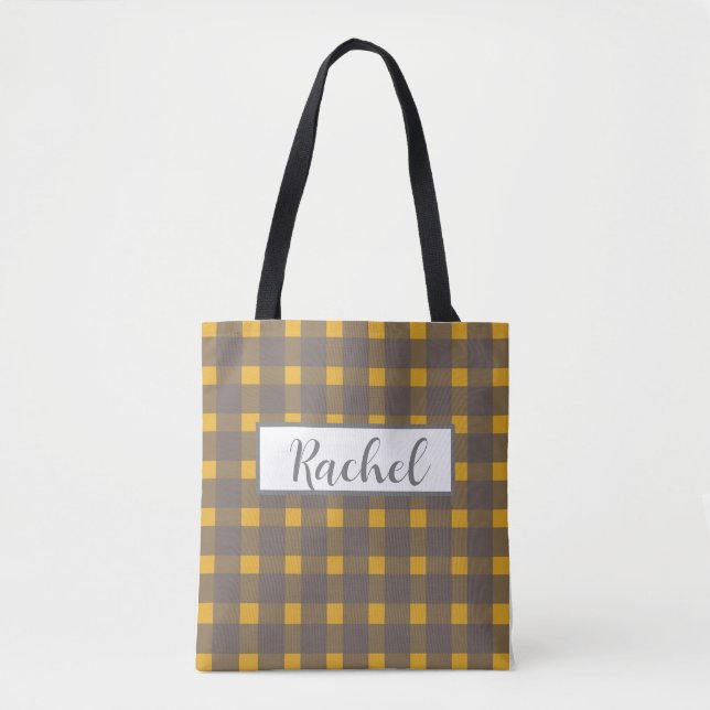 Yellow  Grey Gingham Personalized Tote Bag (Front)