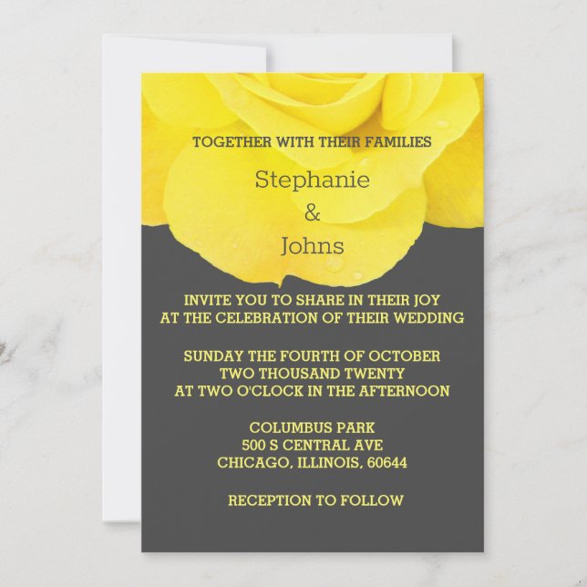 Yellow Grey Grey Floral Rose Elegant Cool Wedding  Invitation (Front)