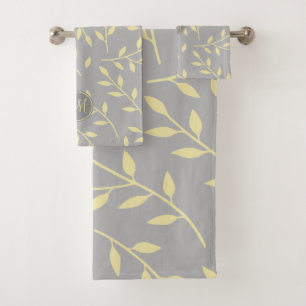 yellow grey leafy branches pattern monogrammed bath towel set