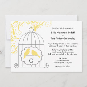 Yellow Grey Love Birdcage Wedding Monogram Invitation