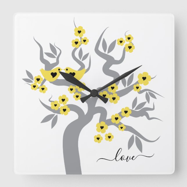 Yellow , grey Love birds cherry tree & blossoms Square Wall Clock (Front)