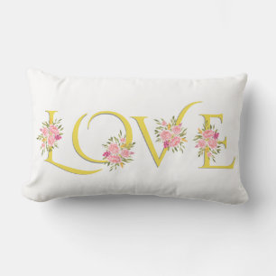 Yellow, grey Love typography roses Valentines Day Lumbar Pillow