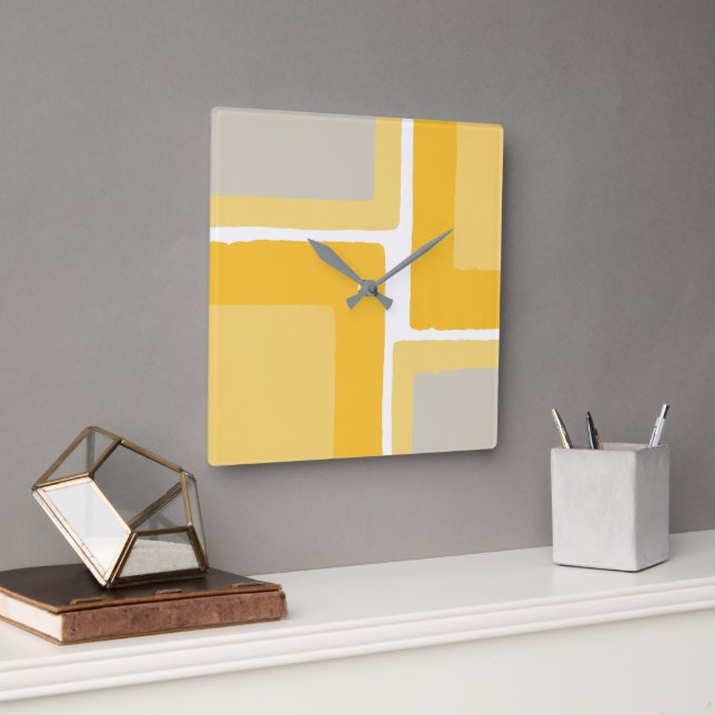 Yellow Grey Minimalist Colour Block Square Wall Clock (Office)