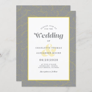 Yellow & Grey Modern Abstract Leaves Pattern Invitation