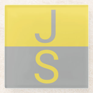 Yellow & Grey Modern Initials Monogram Glass Coaster