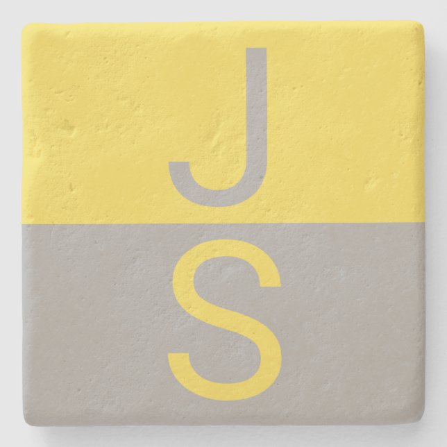 Yellow & Grey Modern Initials Monogram Stone Coaster (Front)