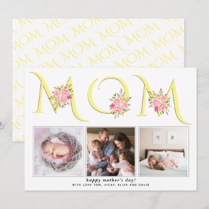 Yellow, grey MOM typography photo Mothers Day Holiday Card