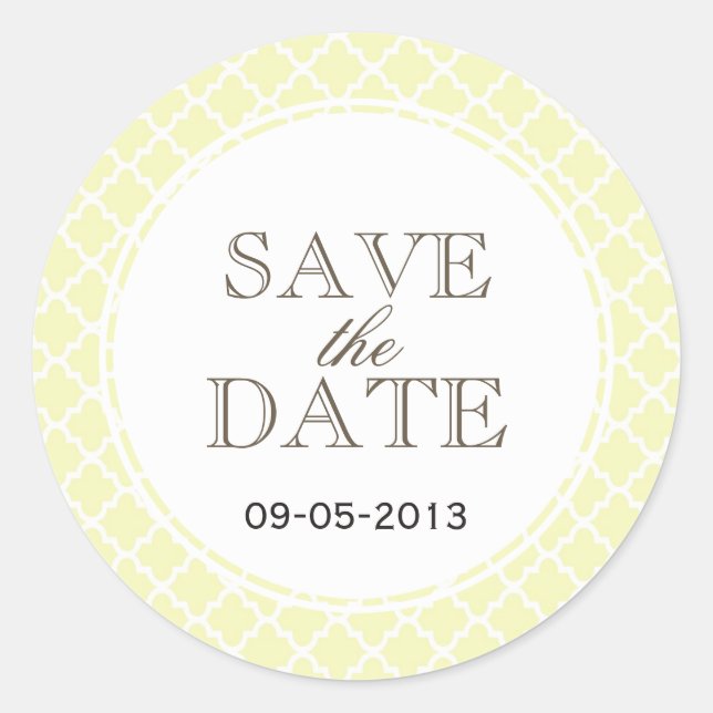 Yellow grey Moroccan tile SAVE THE DATE wedding Classic Round Sticker (Front)