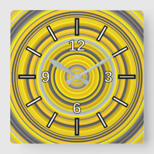 Yellow & Grey Nested Circles Pattern Square Clock