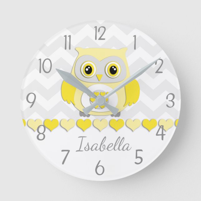 Yellow Grey Owl Nursery Wall Clock (Front)