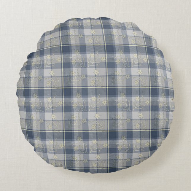 Yellow & Grey Plaid Cotton Rnd Throw Pillow (16") (Front)