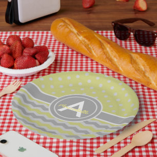 Yellow Grey Polka Dot Chevron Paper Plate
