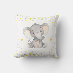 Yellow Grey Polka Dot Elephant Baby Shower Nursery Throw Pillow