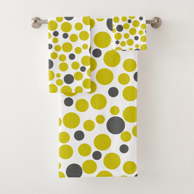 yellow grey polka dots on a white background bath towel set (Insitu)