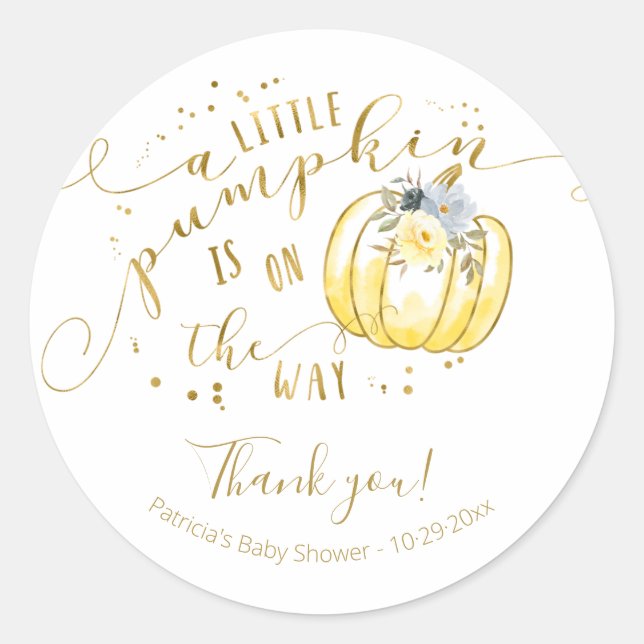 Yellow Grey Pumpkin Fall Baby Shower Thank You Classic Round Sticker (Front)