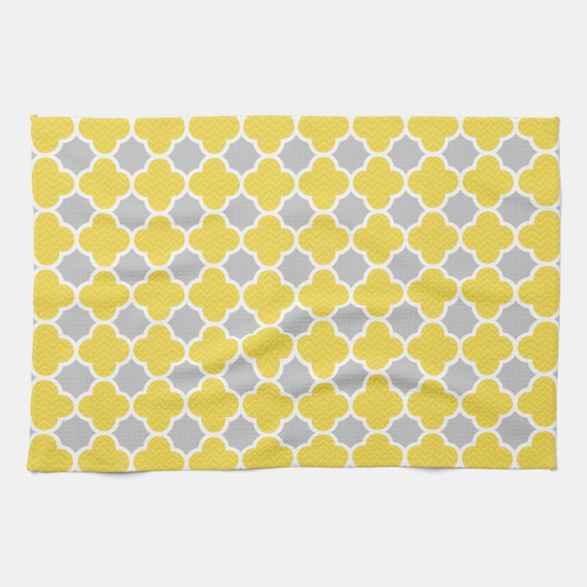 Yellow & Grey Quatrefoil Geometric Pattern Kitchen Towel (Horizontal)