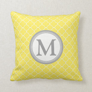Yellow Grey Quatrefoil Monogram Decorative Pillow