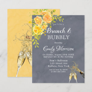 Yellow Grey Rose Peony Champagne Brunch & Bubbly  Invitation