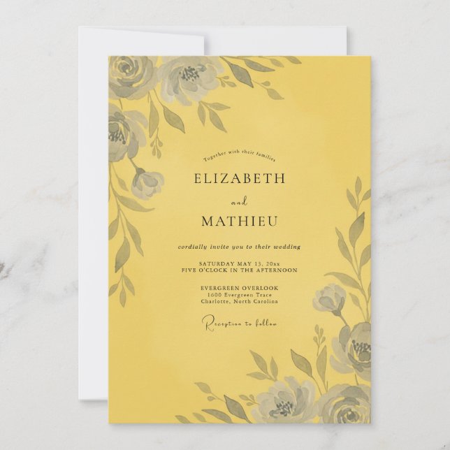 Yellow Grey Rose Wedding Invitation (Front)