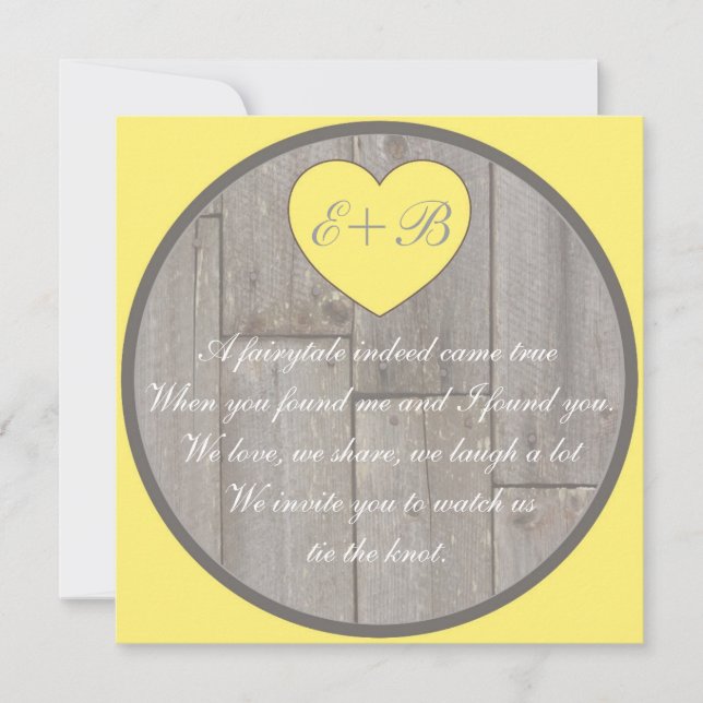 Yellow grey rustic heart rhyming wedding invites (Front)