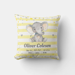 Yellow Grey Striped Elephant Baby Stats Nursery Throw Pillow