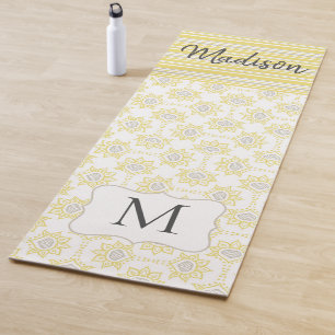 Yellow Grey Stripes Bee Trendy Monogram Yoga Mat