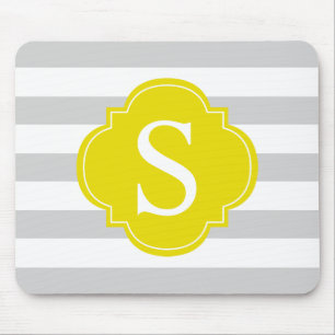 Yellow Grey Stripes Monogram Mouse Pad