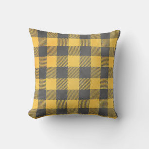 Yellow Grey Tattersall Plaid Pattern Throw Pillow