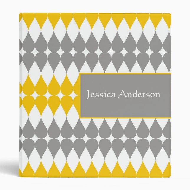 Yellow Grey Teardrop Pattern Custom Name Binder (Front)