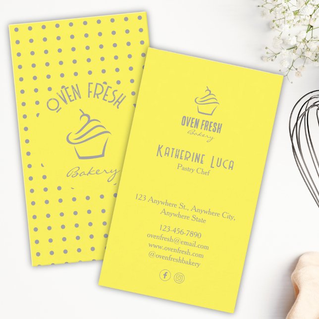 Yellow Grey Text Dots Cupcake Bakery  Business Card (Creator Uploaded)