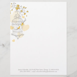 Yellow grey two birds open bird cage letterhead
