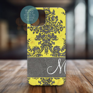 Yellow Grey Vintage Damask Pattern Monogram iPhone 16 Case