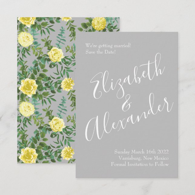 Yellow & Grey Vintage Elegant Floral Wedding Invitation (Front/Back)